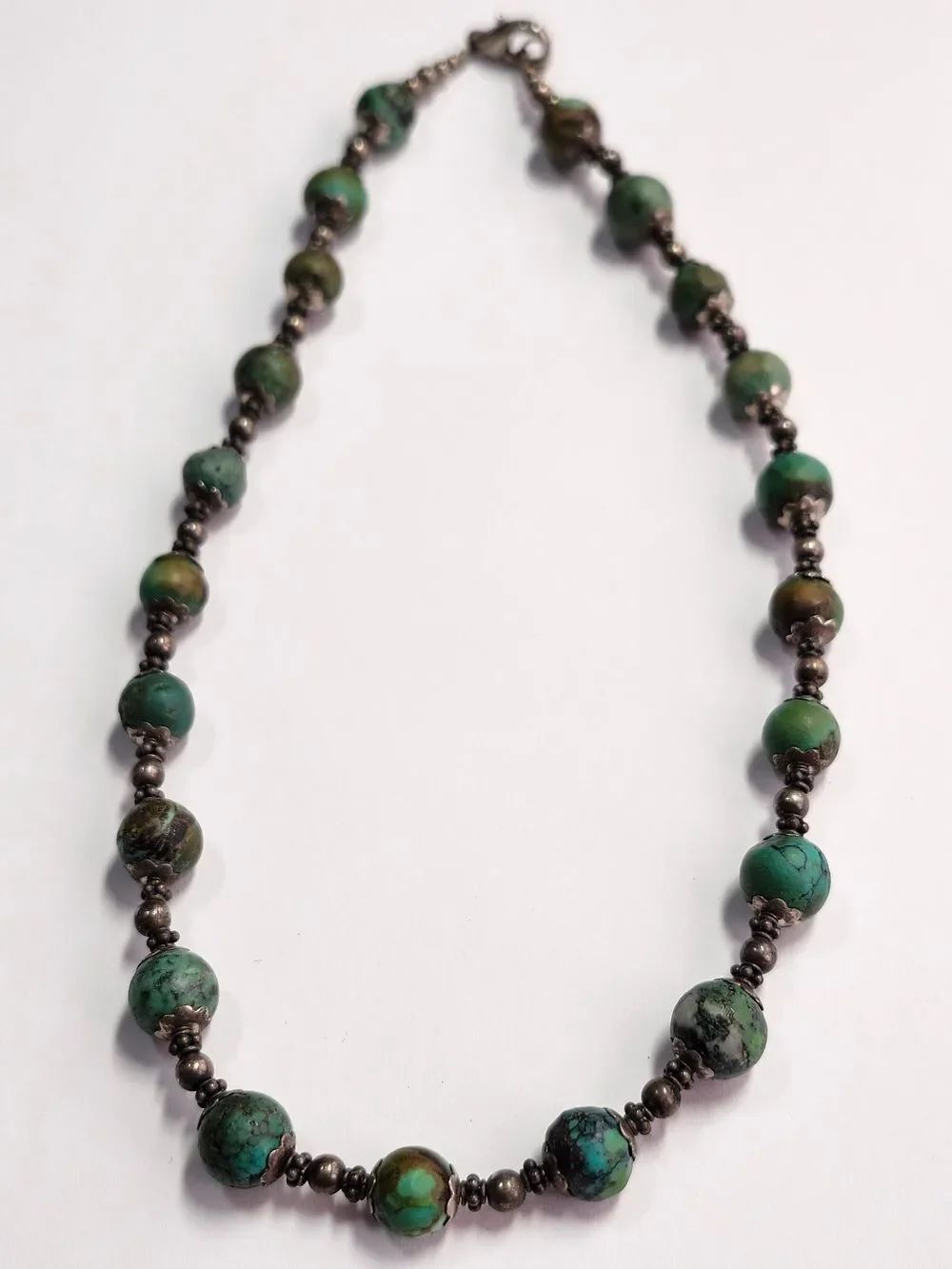 Turquoise And Sterling Silver Bead Necklace - Green Stone Strand